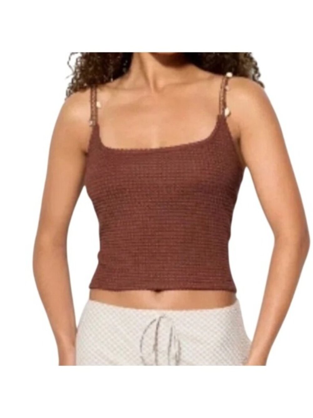 Brown Sleeveless Open Knit Crop Top 2X With Shell & Faux Pearl Straps Adjustable